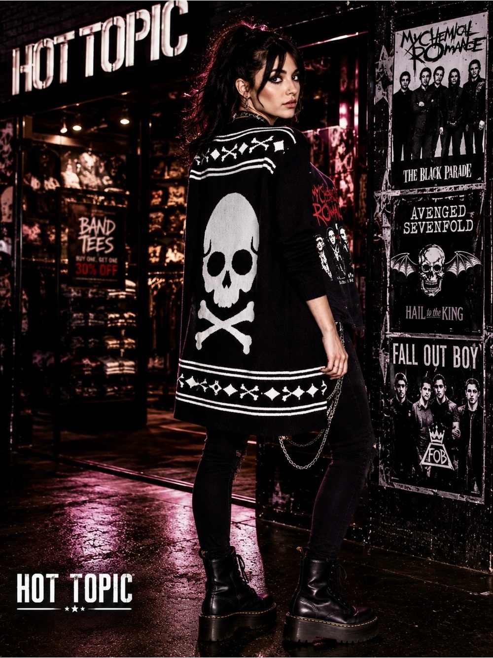 Hot Topic Skull Crossbones Open Cardigan Medium Black White Goth Emo Sweater